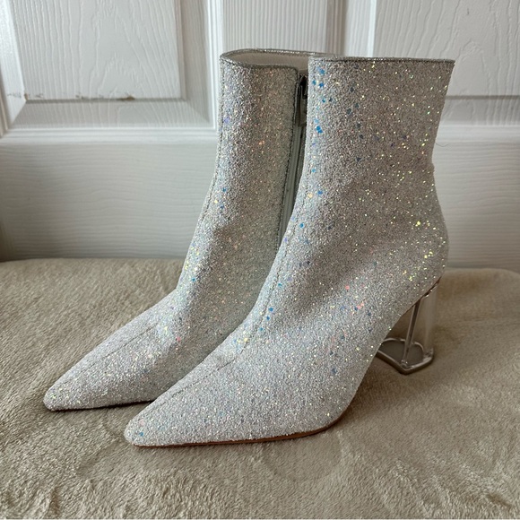 unbranded Shoes - Sequin Glitter Ankle Boots Clear Sparkly Pointed Toe Block High Heel Shiny Boots